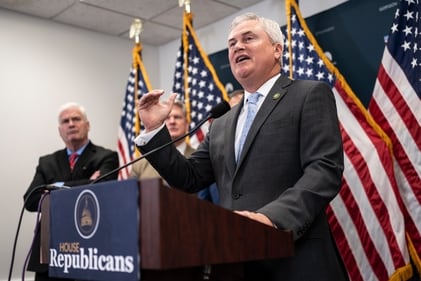 House Oversight and Accountability Committee Chair James Comer, R-Ky., center, speaks to reporters following a closed-door meeting of the House Republican Conference, at the Capitol in Washington, Tuesday, July 18, 2023. Rep. Comer will lead an Oversight Committee hearing on Wednesday, with two IRS whistleblowers who allege the Justice Department interfered with the criminal investigation into Hunter Biden. (AP Photo/J. Scott Applewhite) (AP) House Oversight and Accountability Committee Chair James Comer, R-Ky., center, speaks to reporters following a closed-door meeting of the House Republican Conference, at the Capitol in Washington, Tuesday, July 18, 2023. Rep. Comer will lead an Oversight Committee hearing on Wednesday, with two IRS whistleblowers who allege the Justice Department interfered with the criminal investigation into Hunter Biden. (AP Photo/J. Scott Applewhite) (AP)