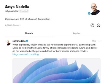 Satya Nadella's Threads profile Satya Nadella's Threads profile