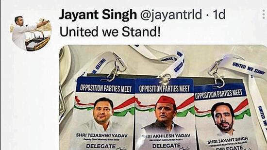 Rashtriya Lok Dal leader Jayant Chaudhary also tweeted a photograph of badges of Bihar deputy chief minister Tejashwi Yadav, Samajwadi Party national president Akhilesh Yadav and himself. The badges were given at the opposition conclave in Bengaluru. (SOURCED)