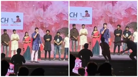 Vijay Devarakonda at an event, where a fan approached him as he spoke on stage.