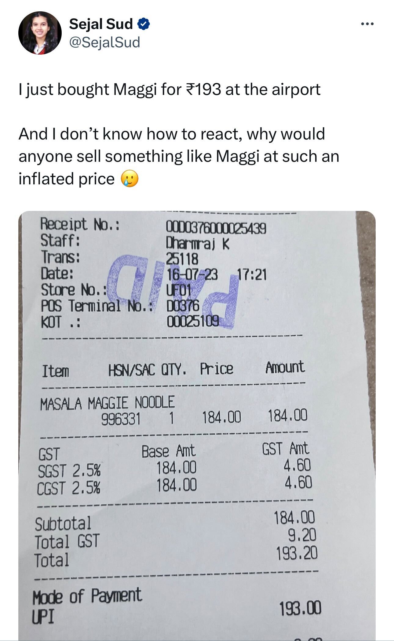 Sejal Sud was shocked at the price of food served at the airport on her maiden flight to Singapore. (Photo: Twitter) Sejal Sud was shocked at the price of food served at the airport on her maiden flight to Singapore. (Photo: Twitter)