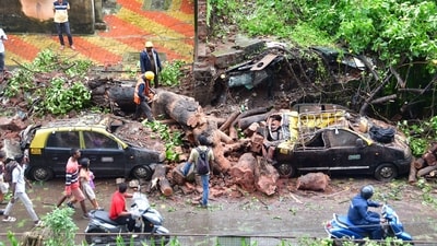 Workers remove a tree after it fell and damaged several vehicles following monsoon rainfall, at Antophill in Mumbai on Wednesday. (HT Photo/Bhushan Koyande) Workers remove a tree after it fell and damaged several vehicles following monsoon rainfall, at Antophill in Mumbai on Wednesday. (HT Photo/Bhushan Koyande)