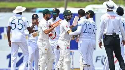 Sri Lanka's players congratulate Pakistan's Imam-ul-Haq (C) and Agha Salman (3R) after the latter's 4-wicket win in 1st Test (AFP) Sri Lanka's players congratulate Pakistan's Imam-ul-Haq (C) and Agha Salman (3R) after the latter's 4-wicket win in 1st Test (AFP)