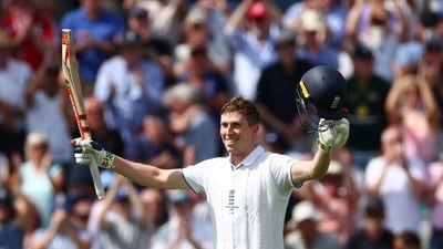 England's Zak Crawley celebrates after reaching his century. (Action Images via Reuters)