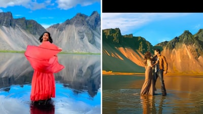 A woman recreated SRK and Kajol’s Gerua while visiting Iceland. (Instagram/@vishakhalaka, YouTube/@@SonyMusicIndia) A woman recreated SRK and Kajol’s Gerua while visiting Iceland. (Instagram/@vishakhalaka, YouTube/@@SonyMusicIndia)