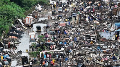 Mumbai, India - July 20, 2023 : More than 200 Families homeless amidst heavy rains in Deputy collector's anti-encroachmentÊdrive at Ambuj Wadi, Malad West, in Mumbai, India, on Thursday, July 20, 2023. (Photo by Vijay Bate/HT Photo) Mumbai, India - July 20, 2023 : More than 200 Families homeless amidst heavy rains in Deputy collector's anti-encroachmentÊdrive at Ambuj Wadi, Malad West, in Mumbai, India, on Thursday, July 20, 2023. (Photo by Vijay Bate/HT Photo)