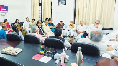 Opposition leaders meet at Mallikarjun Kharge's chamber in Parliament to chalk out strategy for Monsoon Session, in New Delhi on Thursday (ANI Picture Service) Opposition leaders meet at Mallikarjun Kharge's chamber in Parliament to chalk out strategy for Monsoon Session, in New Delhi on Thursday (ANI Picture Service)