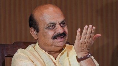 Karnataka CM Basavaraj Bommai along with other leaders staged a protest outside the Assembly against the speaker's action against the 10 BJP MLAs. (PTI) Karnataka CM Basavaraj Bommai along with other leaders staged a protest outside the Assembly against the speaker's action against the 10 BJP MLAs. (PTI)
