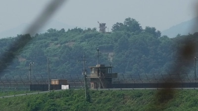 A North Korean military guard post, background, and a South Korean post, front, are seen in Paju South Korea, Thursday, July 20, 2023. (AP) A North Korean military guard post, background, and a South Korean post, front, are seen in Paju South Korea, Thursday, July 20, 2023. (AP)