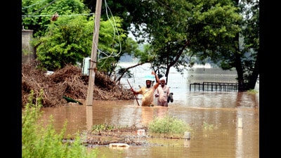 The breach, which happened on Tuesday in Phoos Mandi, inundated Phoos Mandi, Sadhuwala and parts of Sardulgarh town in the last three days. (Sanjeev Kumar/HT) The breach, which happened on Tuesday in Phoos Mandi, inundated Phoos Mandi, Sadhuwala and parts of Sardulgarh town in the last three days. (Sanjeev Kumar/HT)