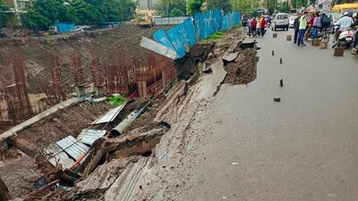 Water supply and stormwater lines were damaged as the ground gave away at a construction site near Kunal Icon Chowk in Pimple Saudagar. (HT PHOTO)