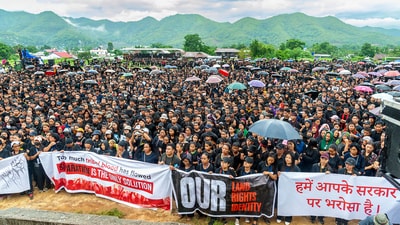 Members of Indigenous Tribal Leaders Forum (ITLF) take part in a rally as a mark of protest against the incident of women being paraded naked on May 4 in Manipur. (PTI) Members of Indigenous Tribal Leaders Forum (ITLF) take part in a rally as a mark of protest against the incident of women being paraded naked on May 4 in Manipur. (PTI)