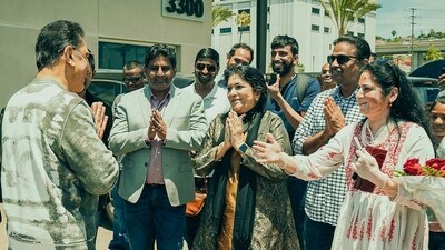 In more latest pictures from Thursday, veteran actor Kamal Haasan was seen arriving at San Diego for the Comic-Con. He was given a warm welcome by fans, who greeted him with folded hands. In more latest pictures from Thursday, veteran actor Kamal Haasan was seen arriving at San Diego for the Comic-Con. He was given a warm welcome by fans, who greeted him with folded hands.