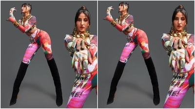 For her look, Nora chose a multi-coloured crop top and leggings in the matching quirky print from the shelves of the clothing brand Huemn. (Instagram/@norafatehi) For her look, Nora chose a multi-coloured crop top and leggings in the matching quirky print from the shelves of the clothing brand Huemn. (Instagram/@norafatehi)