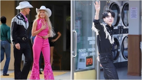 Ryan Gosling's Ken in Barbie Movie and BTS Jimin in Permission To Dance video wearing the same outfit. (Twitter, BigHit ) Ryan Gosling's Ken in Barbie Movie and BTS Jimin in Permission To Dance video wearing the same outfit. (Twitter, BigHit )
