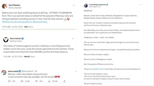 Bollywood celebs reacted to Manipur violence on Twitter. Bollywood celebs reacted to Manipur violence on Twitter.