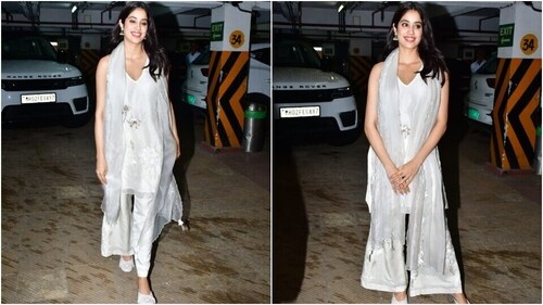 Janhvi Kapoor in a floral silk suit for Bawaal promotions. (HT Photo/Varinder Chawla) Janhvi Kapoor in a floral silk suit for Bawaal promotions. (HT Photo/Varinder Chawla)