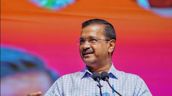 Chief minister Arvind Kejriwal at the launch of the kit during a programme at Thyagraj Stadium, in New Delhi on Thursday. (PTI)