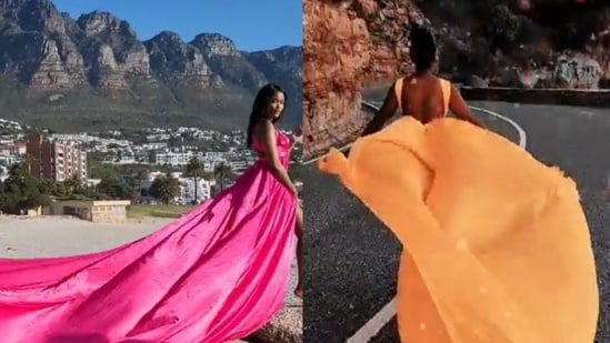 Social media platforms are overwhelmed with pictures of women in colourful, flowing dresses in scenic backgrounds (@FlyingDressCPT/Twitter, @flyingdresscapetown/TikTok)
