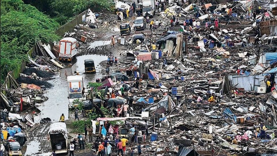 Mumbai, India - July 20, 2023 : More than 200 Families homeless amidst heavy rains in Deputy collector's anti-encroachmentÊdrive at Ambuj Wadi, Malad West, in Mumbai, India, on Thursday, July 20, 2023. (Photo by Vijay Bate/HT Photo)
