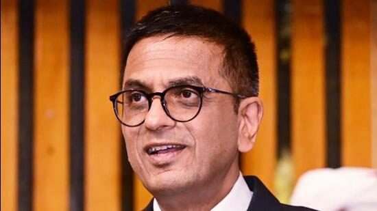 Srinagar: Chief Justice of India DY Chandrachud addresses during the 19th All India Legal Services Authorities' Meet, in Srinagar, Friday, June 30, 2023. (PTI Photo) (PTI06_30_2023_000363A) (PTI)