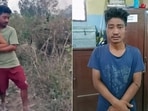 A combination of pictures from a screen grab of a viral video (L) shows the main culprit named Huirem Herodas Meitei of Pechi Awang Leikai holding the woman, who was arrested in the Manipur women video case, whereas the second picture shows him in police custody in connection with the incident, on Thursday. (ANI Photo)