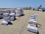 Packages containing cocaine seized during a police operation, lie on a dock in the harbour of Porto Empedocle, Italy..