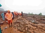 Team reaching the landslide area for rescue at Raigad Irshalwadi Chowk in Navi Mumbai, India, on Wednesday. Team reaching the landslide area for rescue at Raigad Irshalwadi Chowk in Navi Mumbai, India, on Wednesday.