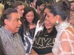 Mukesh Ambani and Deepika Padukone share a hug, have a chat as her Anju Bhavnani (in black) looks on. Mukesh Ambani and Deepika Padukone share a hug, have a chat as her Anju Bhavnani (in black) looks on.