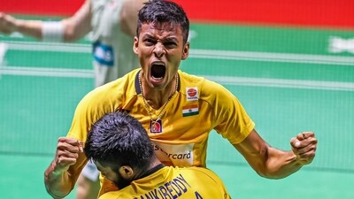 India's Satwiksairaj Rankireddy and Chirag Shetty celebrate (BAI Media twitter) India's Satwiksairaj Rankireddy and Chirag Shetty celebrate (BAI Media twitter)