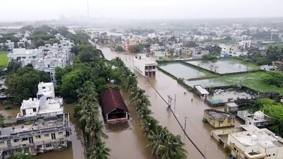An aerial view of the flooded Sutrapada city after heavy rainfall, in Gir Somnath on Thursday. (ANI) An aerial view of the flooded Sutrapada city after heavy rainfall, in Gir Somnath on Thursday. (ANI)
