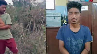 A combination of pictures from a screen grab of a viral video (L) shows the main culprit named Huirem Herodas Meitei of Pechi Awang Leikai holding the woman, who was arrested in the Manipur women video case, whereas the second picture shows him in police custody in connection with the incident, on Thursday. (ANI Photo) A combination of pictures from a screen grab of a viral video (L) shows the main culprit named Huirem Herodas Meitei of Pechi Awang Leikai holding the woman, who was arrested in the Manipur women video case, whereas the second picture shows him in police custody in connection with the incident, on Thursday. (ANI Photo)