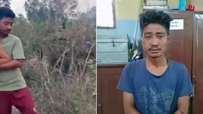 A combination of pictures from a screen grab of a viral video (L) shows the main culprit named Huirem Herodas Meitei of Pechi Awang Leikai holding the woman, who was arrested in the Manipur women video case, whereas the second picture shows him in police custody in connection with the incident, on Thursday. (ANI Photo) A combination of pictures from a screen grab of a viral video (L) shows the main culprit named Huirem Herodas Meitei of Pechi Awang Leikai holding the woman, who was arrested in the Manipur women video case, whereas the second picture shows him in police custody in connection with the incident, on Thursday. (ANI Photo)