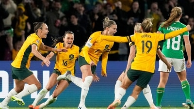 Australia's Steph Catley, center, celebrates after scoring the opening goal from the penalty spot during the Women's World Cup soccer match between Australia and Ireland (AP) Australia's Steph Catley, center, celebrates after scoring the opening goal from the penalty spot during the Women's World Cup soccer match between Australia and Ireland (AP)