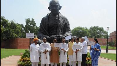 BJP MPs from Rajasthan stage a protest near the Gandhi Statue at Parliament House complex on Friday (HT Photo/Sanjeev Verma) BJP MPs from Rajasthan stage a protest near the Gandhi Statue at Parliament House complex on Friday (HT Photo/Sanjeev Verma)