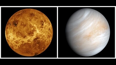 Beneath it’s soothing white clouds, Venus is a hellscape. Above left is a computer-simulated view of the planet’s surface, created in 2020, using data from NASA’s 1989 Magellan mission. Also in 2020, data from an earlier Mariner 10 mission was revisited with new imaging software, to generate a clearer view of the planet as seen from afar (above right). (NASA / JPL-CalTech) Beneath it’s soothing white clouds, Venus is a hellscape. Above left is a computer-simulated view of the planet’s surface, created in 2020, using data from NASA’s 1989 Magellan mission. Also in 2020, data from an earlier Mariner 10 mission was revisited with new imaging software, to generate a clearer view of the planet as seen from afar (above right). (NASA / JPL-CalTech)