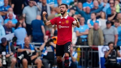 Manchester United's Bruno Fernandes celebrates scoring his side's first goal by penalty during the English FA Cup final soccer match between Manchester City and Manchester United (AP) Manchester United's Bruno Fernandes celebrates scoring his side's first goal by penalty during the English FA Cup final soccer match between Manchester City and Manchester United (AP)