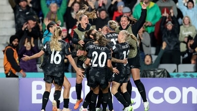 New Zealand's Hannah Wilkinson, center, celebrates scoring the first goal with teammates during the Women's World Cup soccer match between New Zealand and Norway (AP)