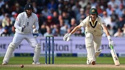Australia's Marnus Labuschagne (R) shouts to his partner while batting on day three of the fourth Ashes cricket Test match between England and Australia at Old Trafford. (AFP) Australia's Marnus Labuschagne (R) shouts to his partner while batting on day three of the fourth Ashes cricket Test match between England and Australia at Old Trafford. (AFP)