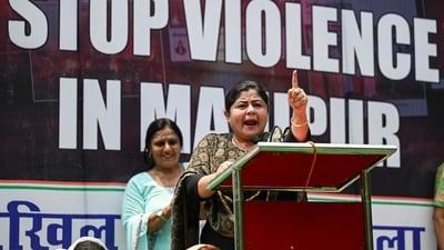 Netta D'souza, president of All India Mahila Congress seen addressing the gathering during a protest against the alleged Violence in Manipur at Jantar Mantar in New Delhi, India, (Sanchit Khanna/Hindustan Times) Netta D'souza, president of All India Mahila Congress seen addressing the gathering during a protest against the alleged Violence in Manipur at Jantar Mantar in New Delhi, India, (Sanchit Khanna/Hindustan Times)