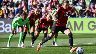 Canada's forward #12 Christine Sinclair misses a penalty kick during the Australia and New Zealand 2023 Women's World Cup Group B football match between Nigeria and Canada (AFP) Canada's forward #12 Christine Sinclair misses a penalty kick during the Australia and New Zealand 2023 Women's World Cup Group B football match between Nigeria and Canada (AFP)