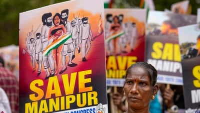 Members of Tamil Nadu Youth Congress during a protest against the central government regarding the ongoing ethnic violence in Manipur. (PTI) Members of Tamil Nadu Youth Congress during a protest against the central government regarding the ongoing ethnic violence in Manipur. (PTI)