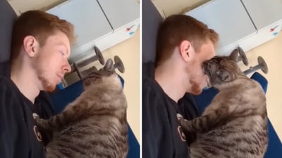 The image shows a man with his pet cat. (Reddit/@LuckSavings4495) The image shows a man with his pet cat. (Reddit/@LuckSavings4495)