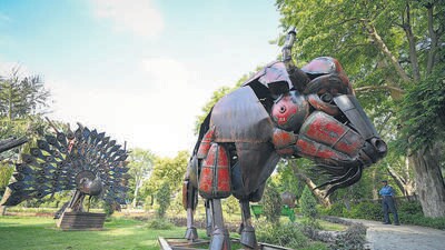 Sculptures made out of scrap metal at a park redeveloped ahead of the preparations for G20 Summit, at Chanakyapuri. (Sanchit Khanna/HT Photo) Sculptures made out of scrap metal at a park redeveloped ahead of the preparations for G20 Summit, at Chanakyapuri. (Sanchit Khanna/HT Photo)