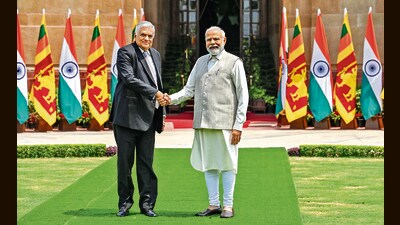 Sri Lanka’s President Ranil Wickremesinghe shakes hands with Prime Minister Narendra Modi on Friday. (Raj K Raj/HT Photo) Sri Lanka’s President Ranil Wickremesinghe shakes hands with Prime Minister Narendra Modi on Friday. (Raj K Raj/HT Photo)