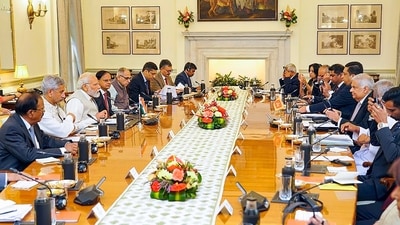 PM Modi with Wickremesinghe during a bilateral meeting at Hyderabad House. External Affairs Minister S. Jaishankar and National Security Advisor Ajit Doval are also present. (PTI) PM Modi with Wickremesinghe during a bilateral meeting at Hyderabad House. External Affairs Minister S. Jaishankar and National Security Advisor Ajit Doval are also present. (PTI)