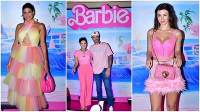 Sunny Leone, Aahana Kumra, Giorgia Andriani and other celebs attend the special screening of the Barbie movie in Mumbai last night. (VarinderChawla) Sunny Leone, Aahana Kumra, Giorgia Andriani and other celebs attend the special screening of the Barbie movie in Mumbai last night. (VarinderChawla)