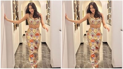 In terms of accessories, she kept it minimal and styled her glamorous look with a pair of statement diamond drop earrings and golden pump heels. (Instagram/@janhvikapoor) In terms of accessories, she kept it minimal and styled her glamorous look with a pair of statement diamond drop earrings and golden pump heels. (Instagram/@janhvikapoor)