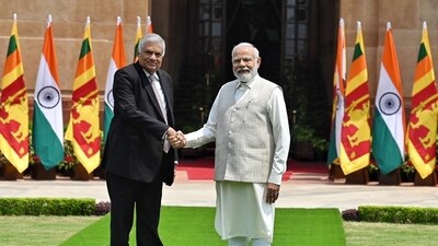 Prime minister Narendra Modi shakes hand with Sri Lankan president Ranil Wickremesinghe at Hyderabad house in New Delhi on Friday. (Photo by RajkRaj/ Hindustan Times)