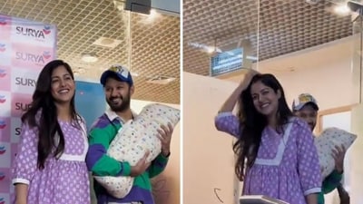 Ishita Dutta, Vatsal Sheth spotted leaving the hospital with their baby on Friday. Ishita Dutta, Vatsal Sheth spotted leaving the hospital with their baby on Friday.